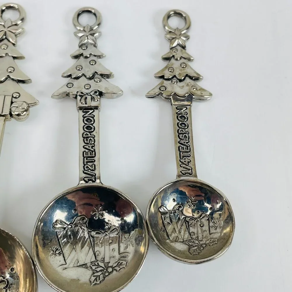 Measuring Spoons Christmas Tree Presents Shiny Chrome 4 Pc Set Ganz Seasonal